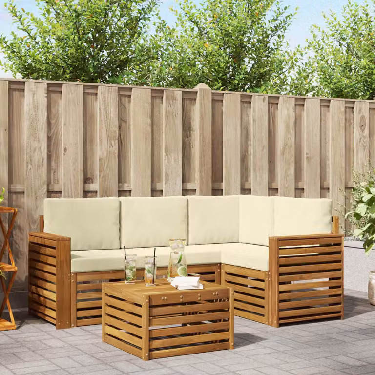 Set di divani da esterno vidaXL a forma di L con tavolo da caffè, struttura in legno di acacia e cuscini inclusi, beige e marrone