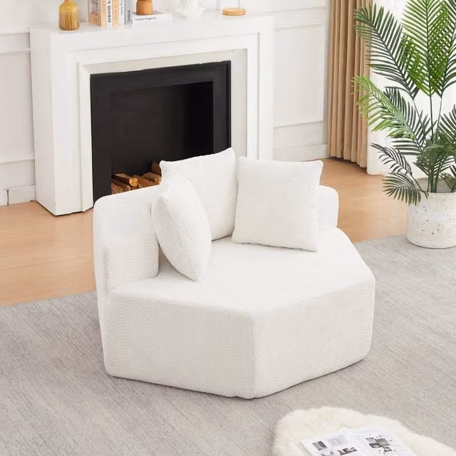 Poltrona a sacco esagonale Singularity con braccioli in tessuto chenille beige e 3 cuscini di appoggio