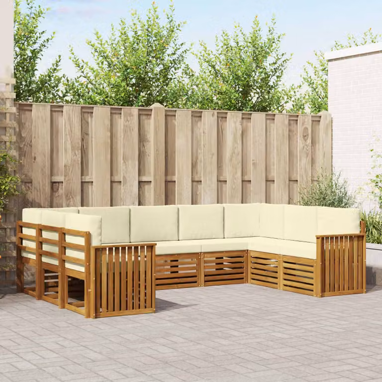 vidaXL Set di divani da esterno a L in legno di acacia con cuscini, 9 pezzi, Beige, Bianco e Marrone