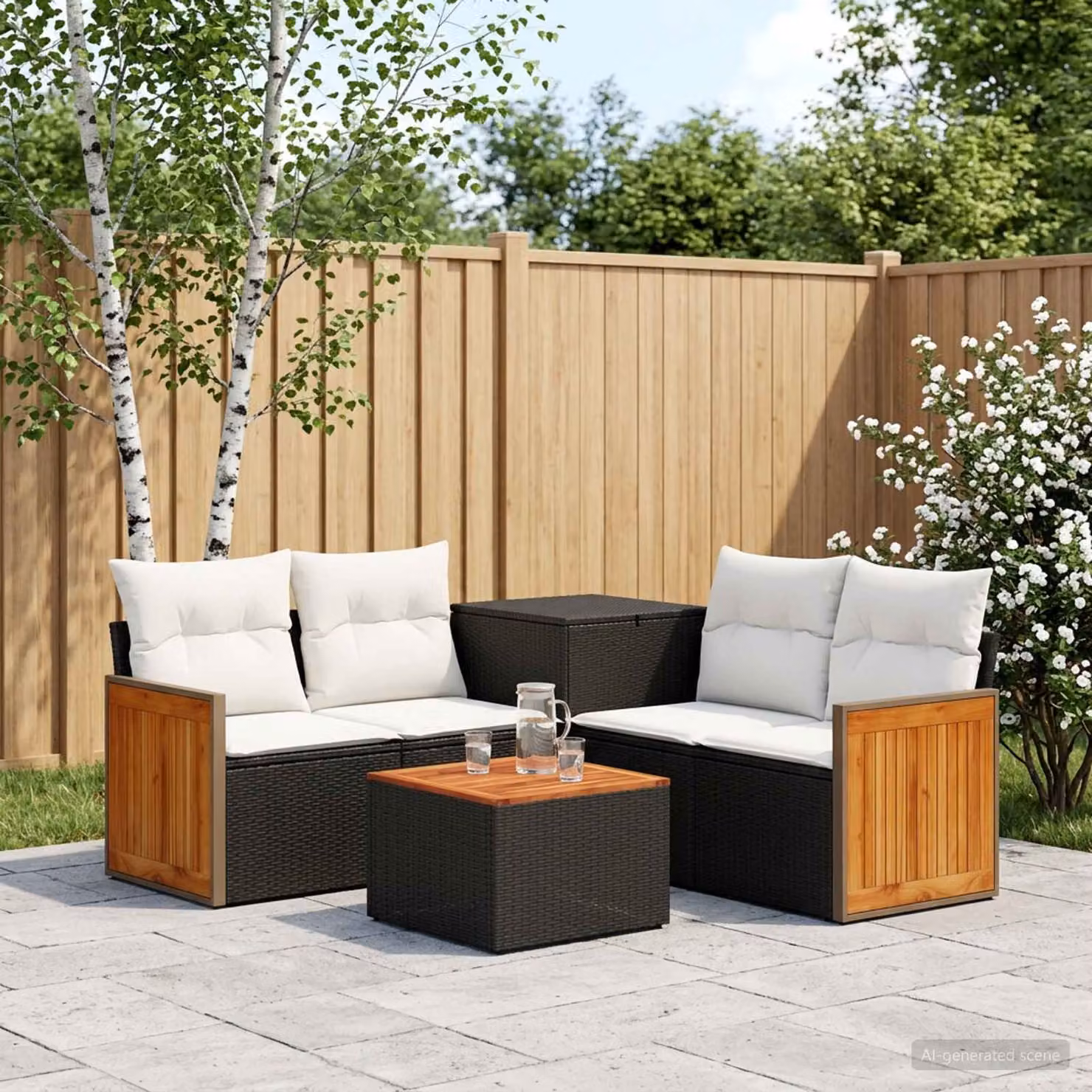 Set di divani da giardino vidaXL a forma di L composto da 6 pezzi con struttura in metallo nero e cuscini bianchi e crema