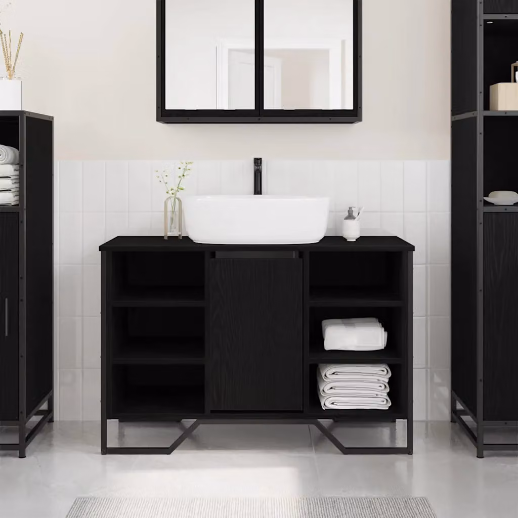 Armadio per lavabo da bagno vidaXL in stile minimalista, colore nero opaco, L: 91 cm, P: 35 cm, H: 60 cm