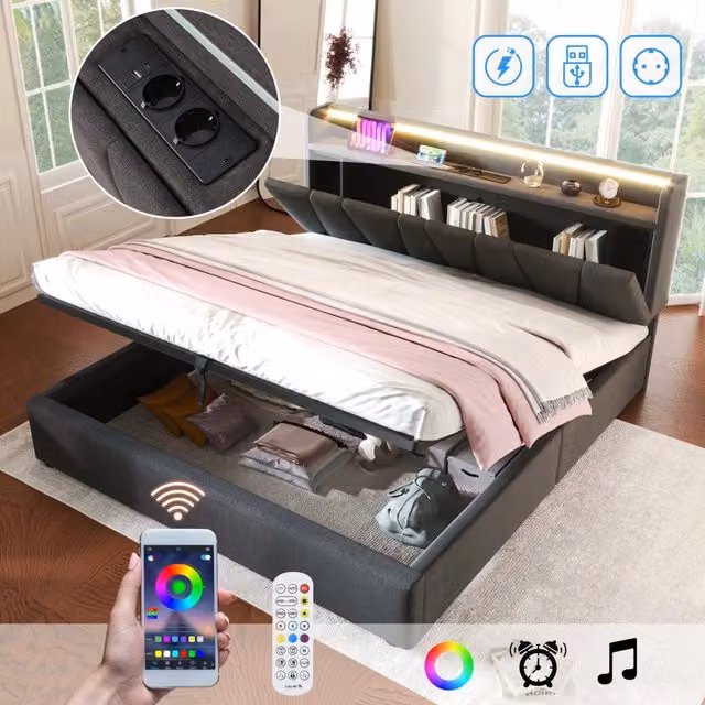 Letto Matrimoniale 160x200 Imbottito Grigio con Testiera Contenitore; Prese USB; LED RGBW e Rete a Doghe
