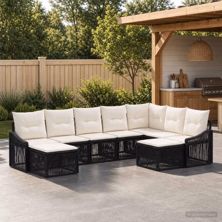 Set Divano da Giardino vidaXL 9 pz Nero con Poltrona, Elementi Angolari e Ottoman in Polyrattan e Acciaio con Cuscini Inclusi
