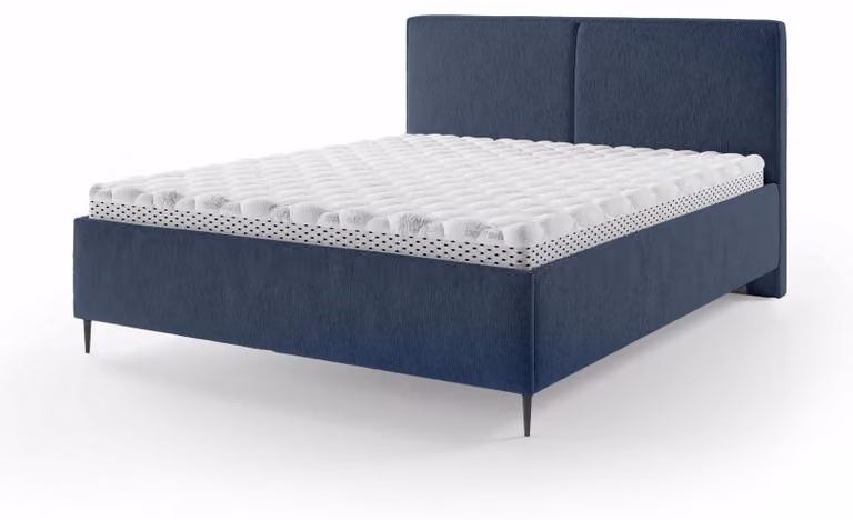 Letto imbottito con contenitore integrato, modello Hatti, colore blu navy, dimensioni 140 x 200 cm