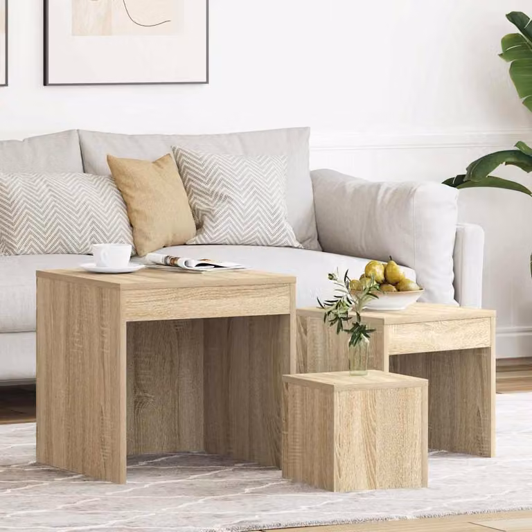Set di 3 tavolini impilabili vidaXL in legno multistrato e MDF, colore rovere, design moderno per soggiorno o camera da letto