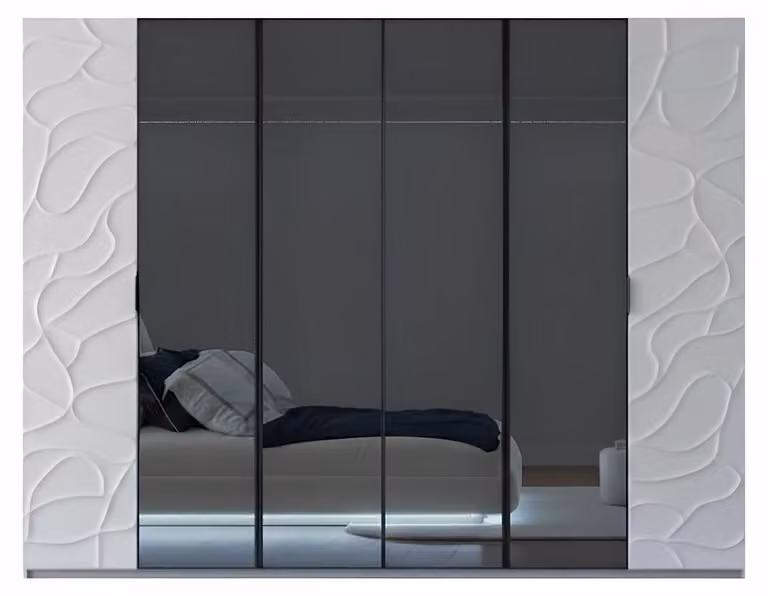 Armadio bianco e nero, stile moderno, frontali in vetro, ante in legno e vetro
