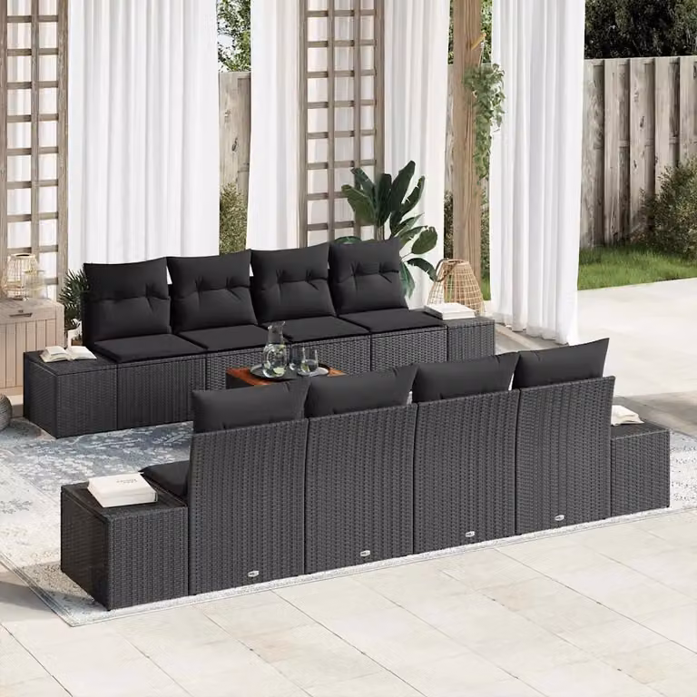 Set Divano da Giardino vidaXL 9 Pezzi Nero con Cuscini e Tavolino da Caffè in Polyrattan e Acciaio