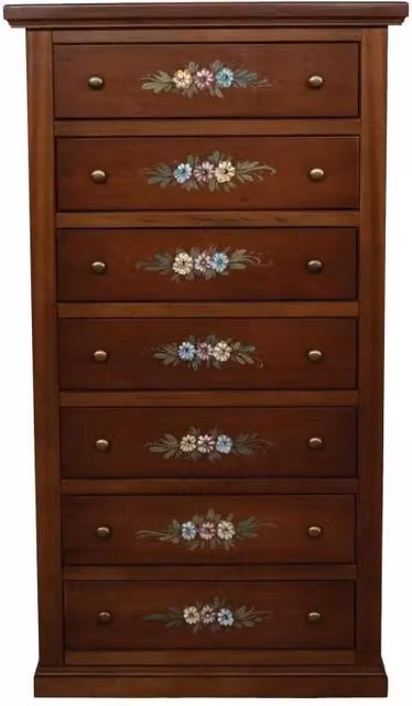 Cassettiera in legno di pino stile arte povera con 7 cassetti decorazione floreale tinta noce Mobili 2G L: 70 cm, P: 40 cm, H: 120 cm – 3
