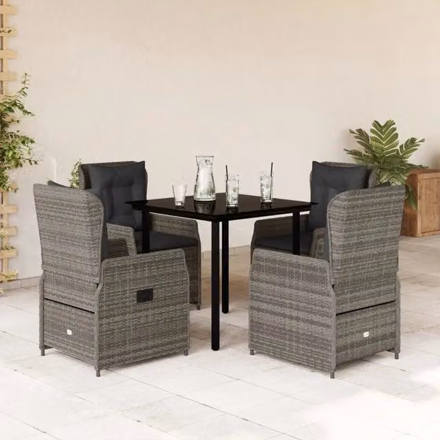 Set da pranzo da giardino vidaXL in polyrattan e vetro con 5 pezzi, colore grigio e nero – 1