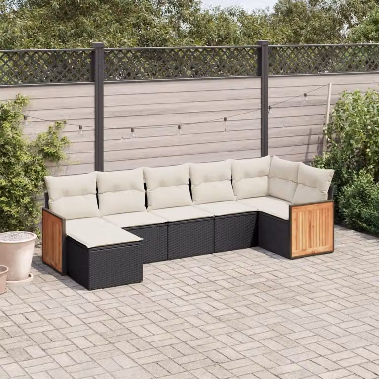 Set di Divani da Giardino vidaXL a Forma di L in Polyrattan Nero con 7 Cuscini e Tavolino