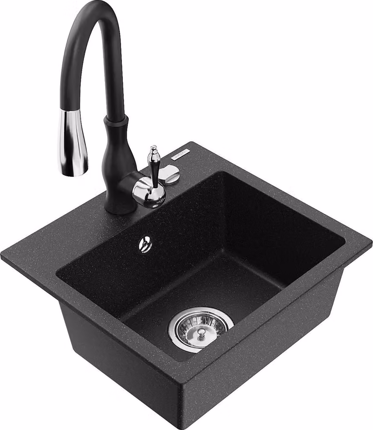Mexen Milo lavello in granito a 1 vasca con rubinetto da cucina Savita, nero/argento metallizzato- 6505-73-672601-70