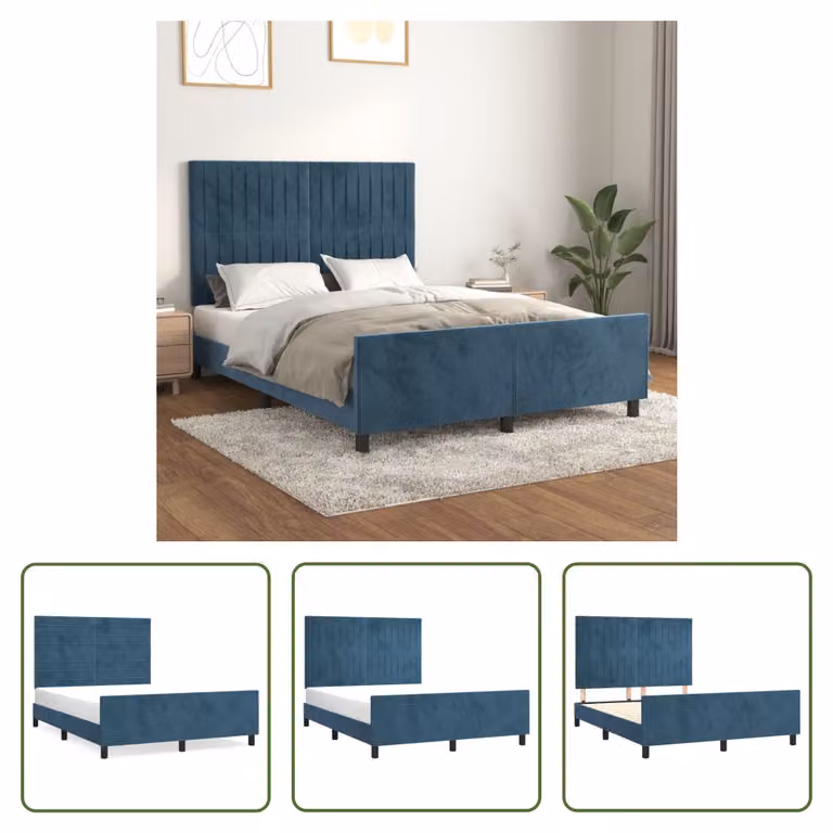 The Living Store Struttura letto con testiera in velluto blu scuro 140x190 cm