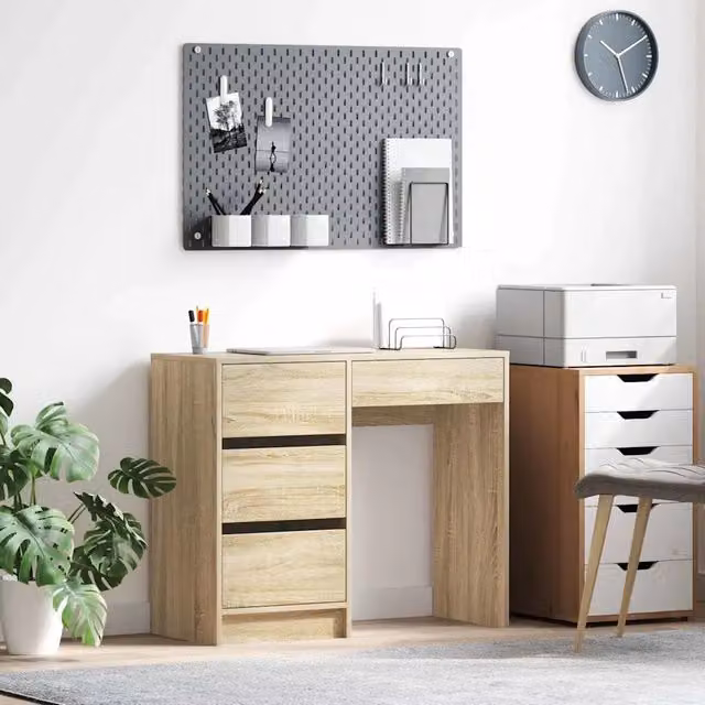Scrivania moderna vidaXL in legno MDF color rovere e beige, L 90 x P 37,5 x H 75 cm