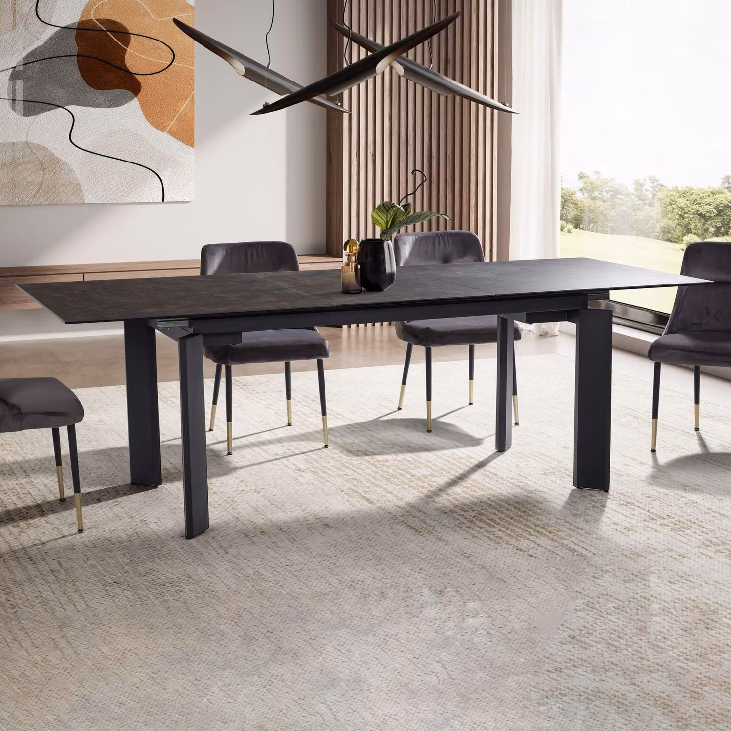 FineBuy Tavolo da pranzo moderno allungabile 180–240 cm Nero – Piano in vetro e Vetroceramica – Tavolo da pranzo con robusta struttura in metallo – Tavolo da cucina allungabile