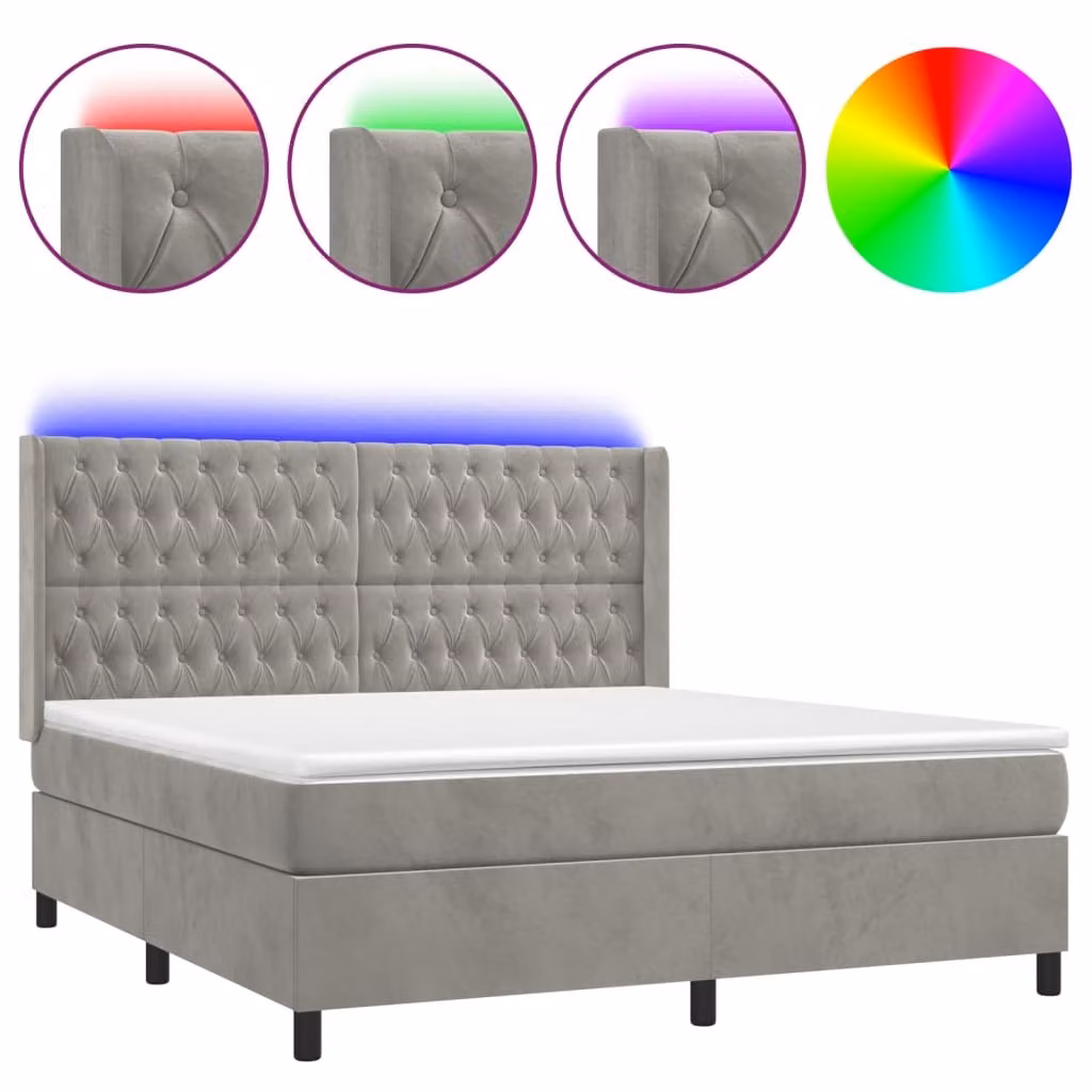 Letto a Molle Materasso e LED Grigio Chiaro 180x200 cm Velluto