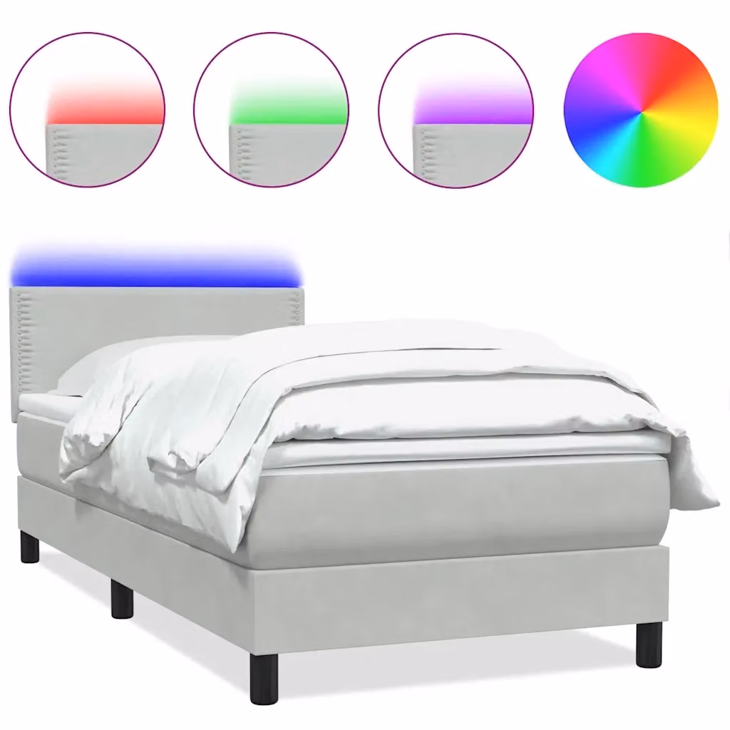 Letto con Materasso a Molle Pocket e Illuminazione LED vidaXL in Velluto Grigio L: 90 cm, P: 223 cm, H: 88 cm – 2