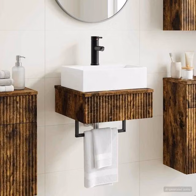 Lavabo da parete moderno vidaXL in MDF color rovere fumo marrone L: 40 cm, P: 41 cm, H: 39 cm – 1