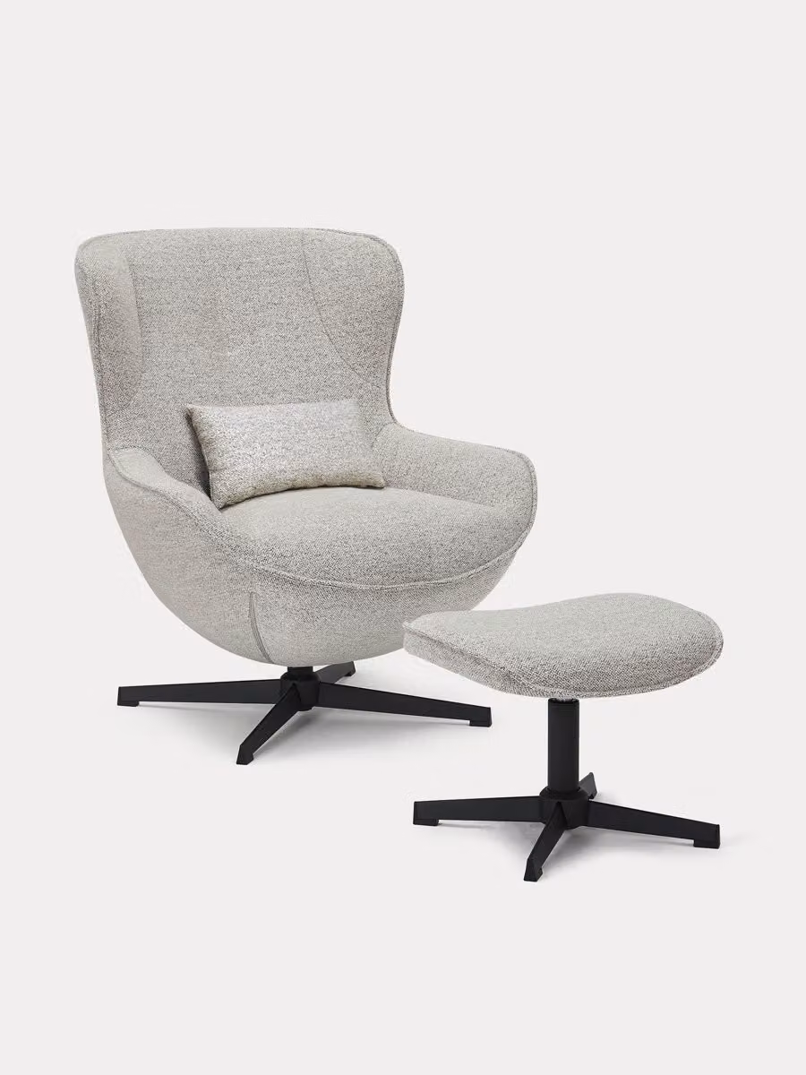 Poltrona girevole imbottita Helder Kenay Home con poggiapiedi, colore grigio e struttura in metallo nero – 2