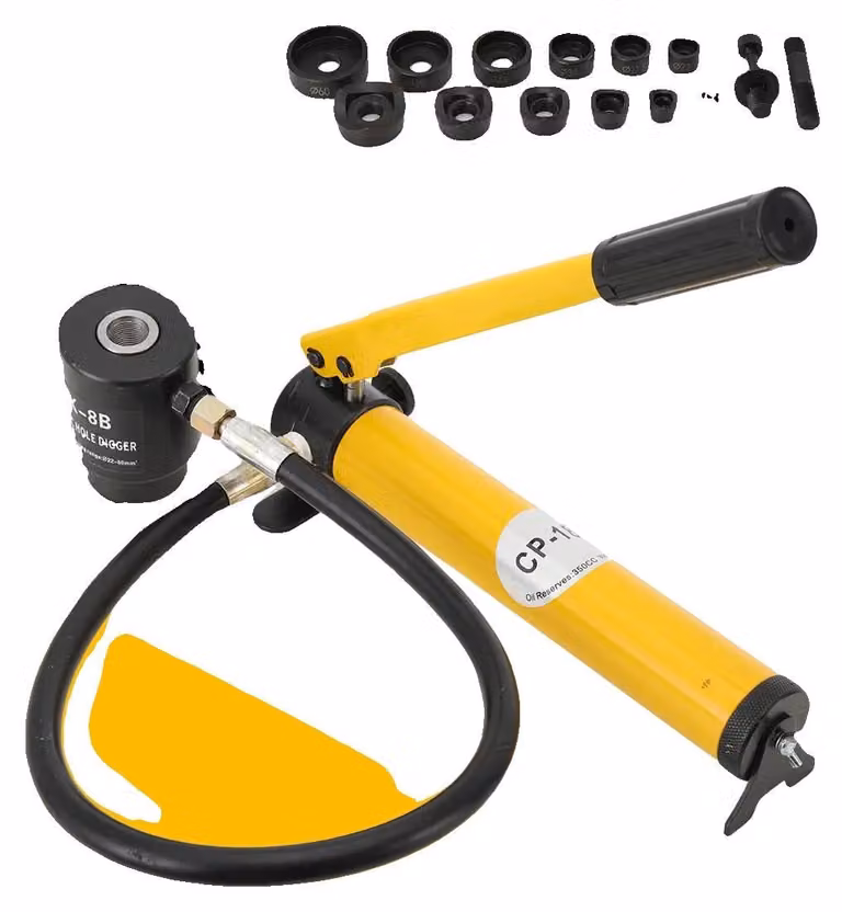 Punzonatrice idraulica, pressione massima 10 tonnellate, matrici da φ22 mm e φ27,5 mm, comando manuale, 6 matrici incluse