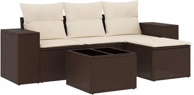 Set Divano da Giardino 5 pz | Set Salotto da Giardino con Cuscini Marrone in Polyrattan