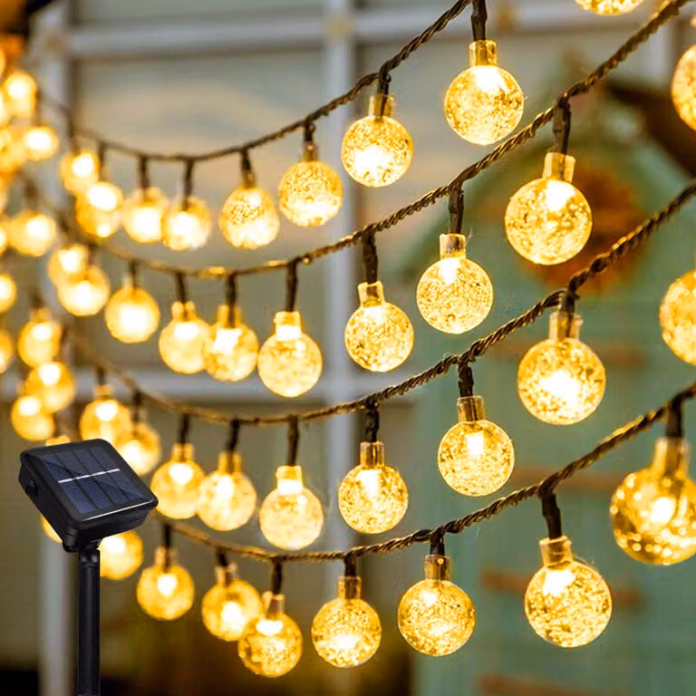 Catena luminosa solare con sfere di cristallo, 12 metri, 100 LED, 8 modalità, grado di protezione IP65, luce bianca calda