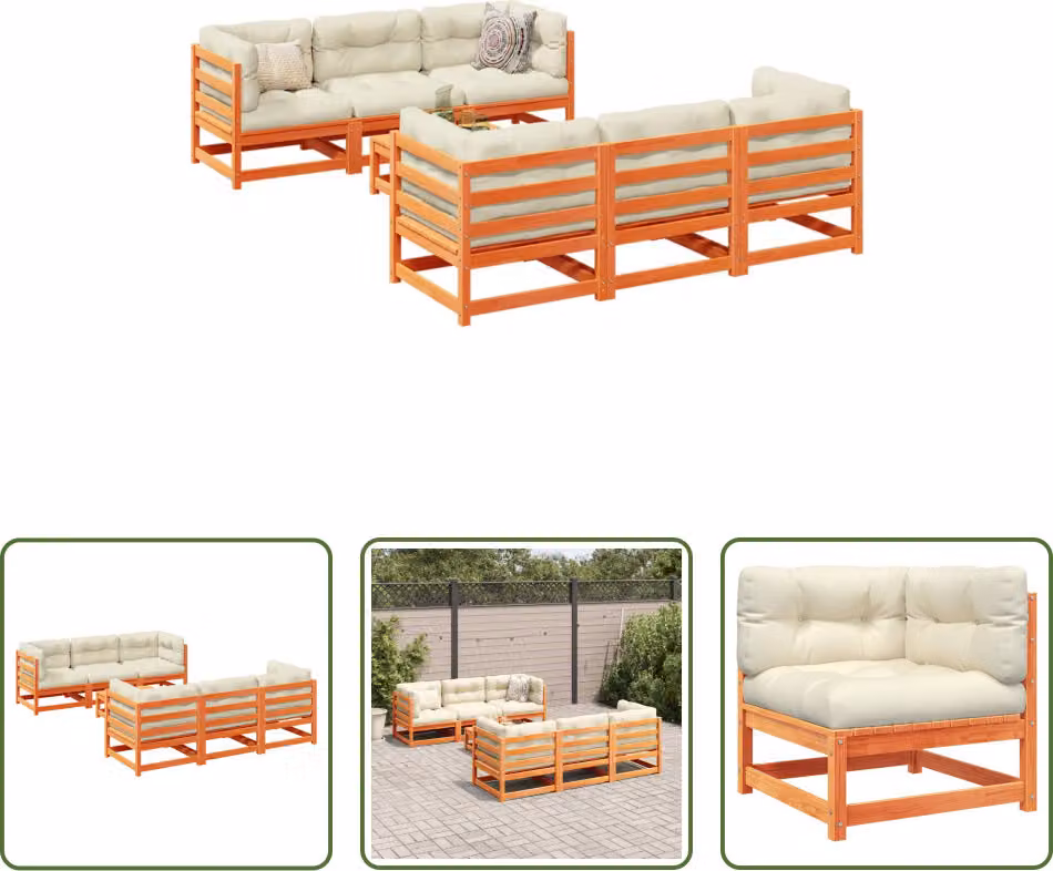 The Living Store Set di divani da giardino 7 pezzi con cuscini Wax in legno di pino marrone