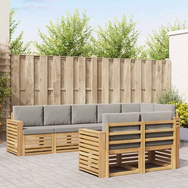 Set di divani da esterno vidaXL a forma di L composto da 8 pezzi in legno di acacia con cuscini in poliestere bianco e grigio – 1