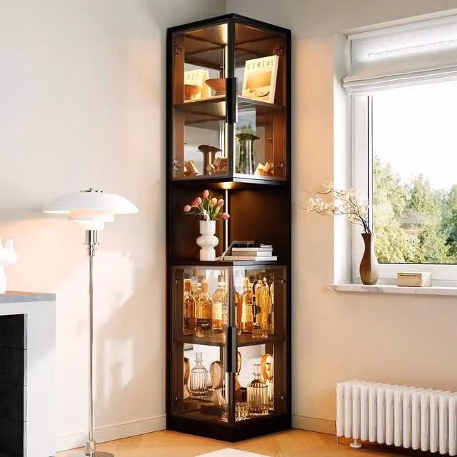 Mobile Vetrina con LED ¨C Minimal ¨C 2 Ante in Vetro, Specchio, Protezione Antirovesciamento, 205cm Altezza