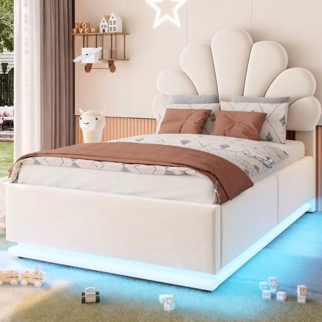 Letto imbottito 90 × 200 cm con contenitore idraulico, LED regolabile et testiera a fiore, senza materasso, beige