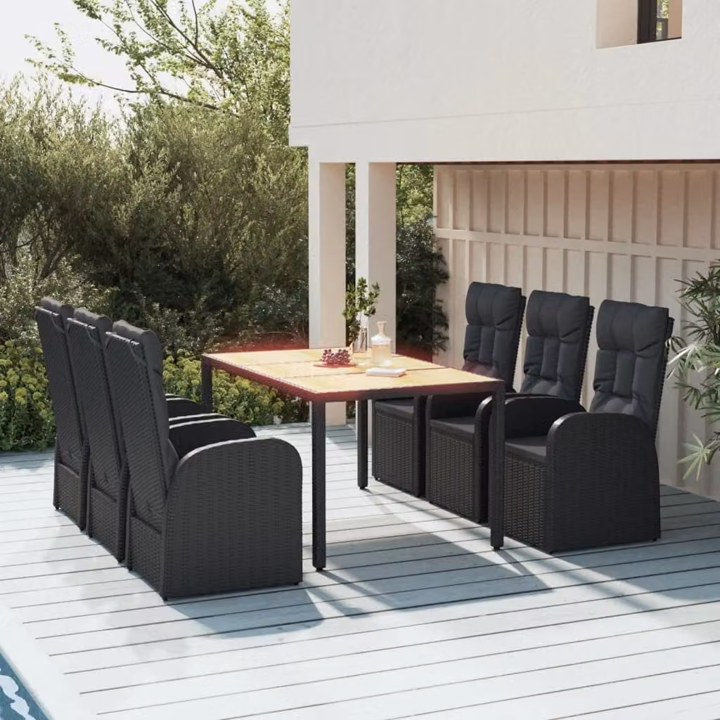 Set da pranzo da giardino vidaXL in polyrattan e legno di acacia nero con 7 pezzi
