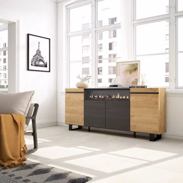 Credenza, Mobile, 200x35x87cm, 4 Porte, Camino elettrico, Design industriale, colore Rovere e nero RF2291
