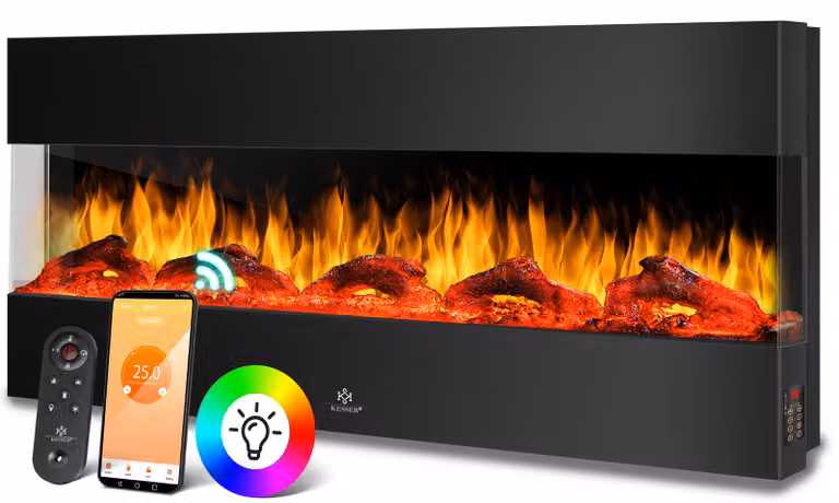 KESSER® Caminetto da parete elettrico, camino elettrico 3D con riscaldamento, 9 modalità di colore LED, effetto fiamma, 900/1800 W, camino da parete e camino da incasso, montaggio a parete, riscaldamento, funzione app, telecomando