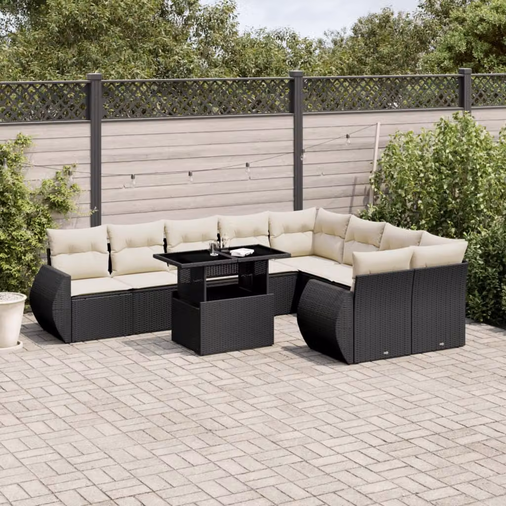 Set di Divani da Giardino vidaXL 10 Pezzi con Cuscini, Design a L e Tavolino, Polyrattan Nero e Struttura in Acciaio – 1