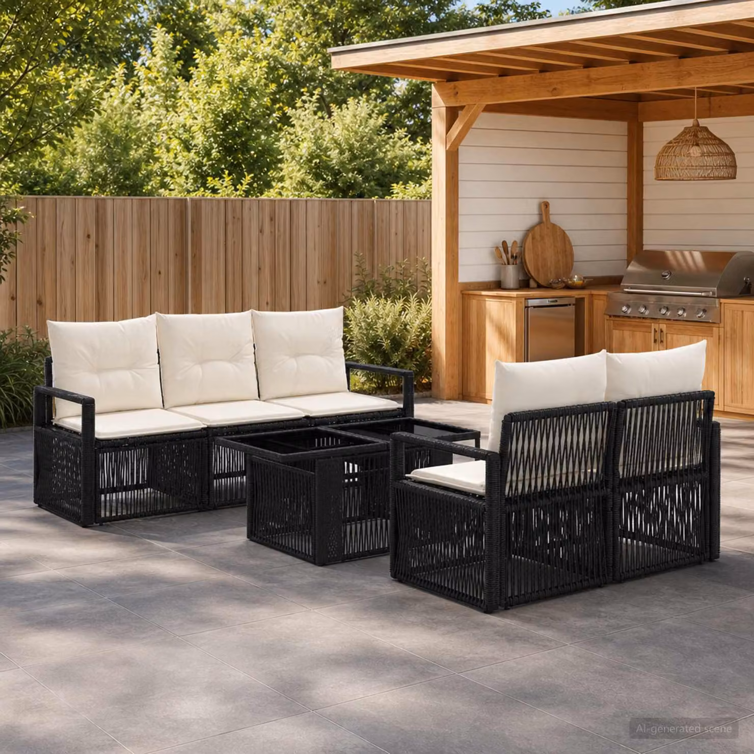 Set Divano da Giardino vidaXL 6 Pezzi in Polyrattan Moderno con Tavolino e Cuscini, Colore Nero e Bianco Crema