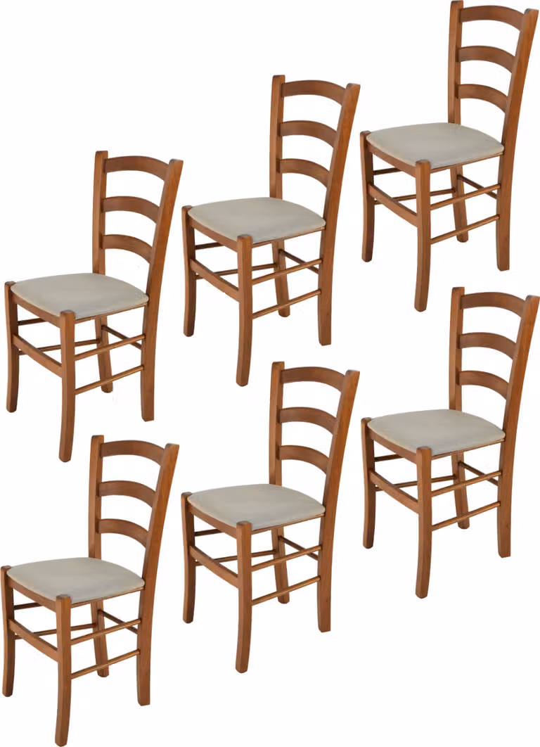 t m c s Tommychairs - Set di 6 sedie VENICE per cucina e sala da pranzo, struttura robusta in legno di faggio laccato nel colore noce chiaro e sedile imbottito rivestito in STOFFA nel colore marrone scamosciato