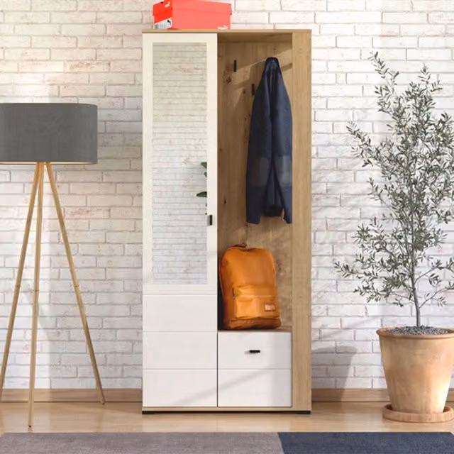 DMORA Mobile da Ingresso Vique con Specchio, Bianco e Crema, L: 87 cm, P: 36 cm, H: 197 cm
