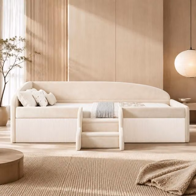 Letto imbottito per bambini 90x190 cm in velluto beige con scale e sponde di sicurezza, multifunzionale