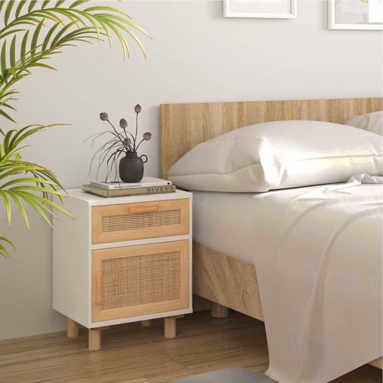 vidaXL Comodino Bianco in Legno di Pino e Rattan in Stile Scandinavo da Appendere alla Parete