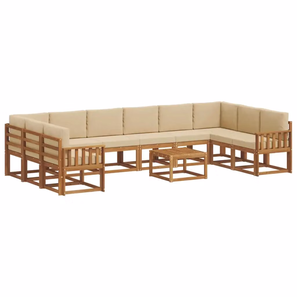Set di divani da esterno a forma di U vidaXL in legno di acacia con cuscini beige e marrone composto da 11 pezzi con tavolino da caffè – 2