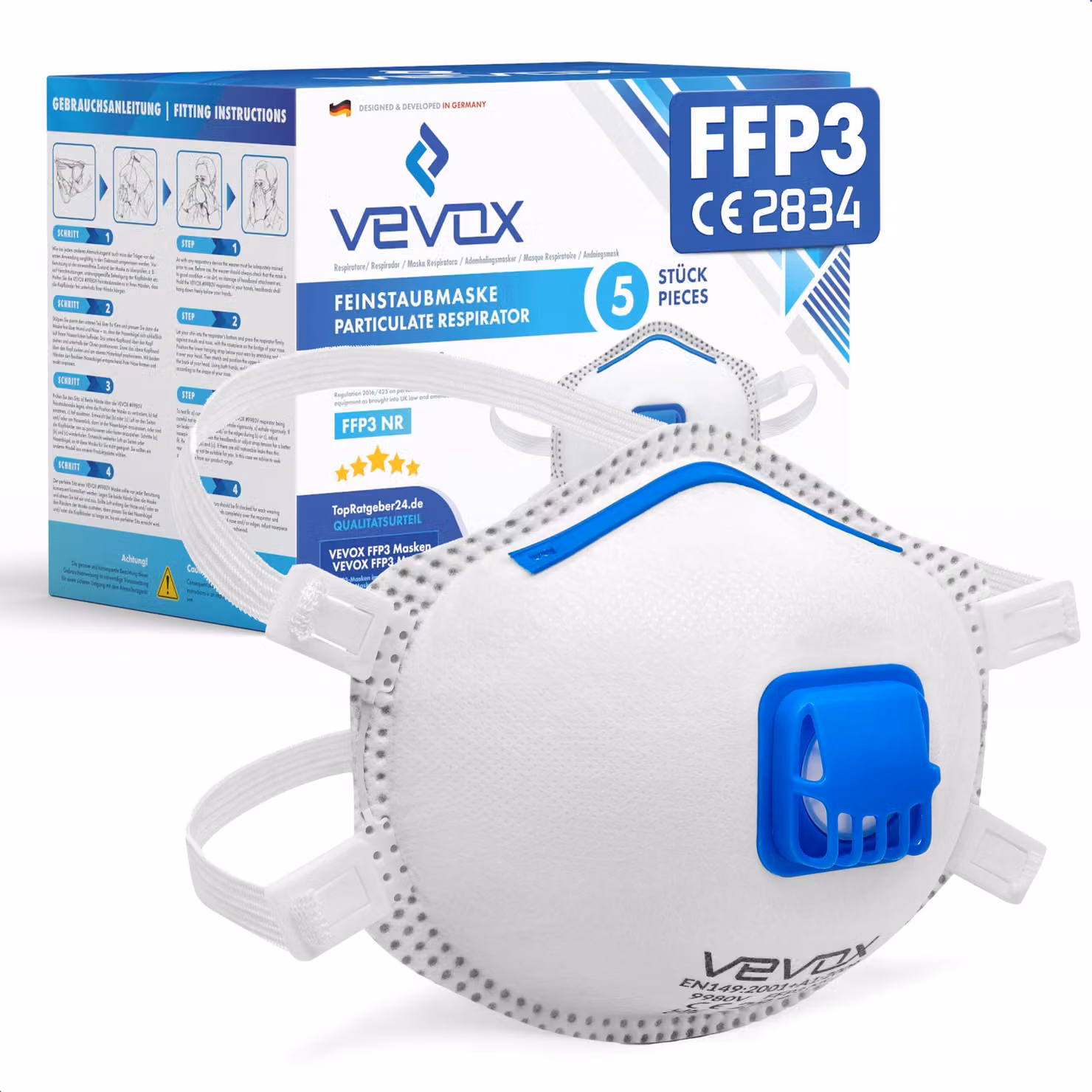 Maschera VEVOX® FFP3 con valvola - set da 5, 10 o 20 - maschera antipolvere - respiratore - maschera antipolvere - maschera per polveri sottili - protezione respiratoria