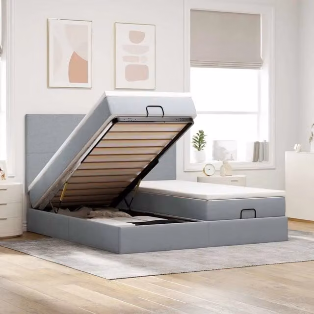 Letto con contenitore a sollevamento vidaXL in tessuto grigio e bianco con illuminazione sottostante e porta USB, L/P/H: 200 x 160 x 128 cm