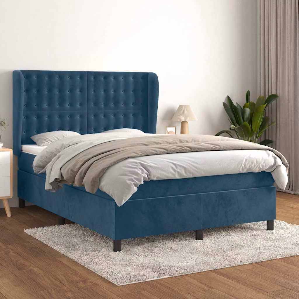 vidaXL Giroletto a Molle con Materasso in Velluto Blu Scuro e Bianco L/P/H: 140 x 200 x 128 cm – 1