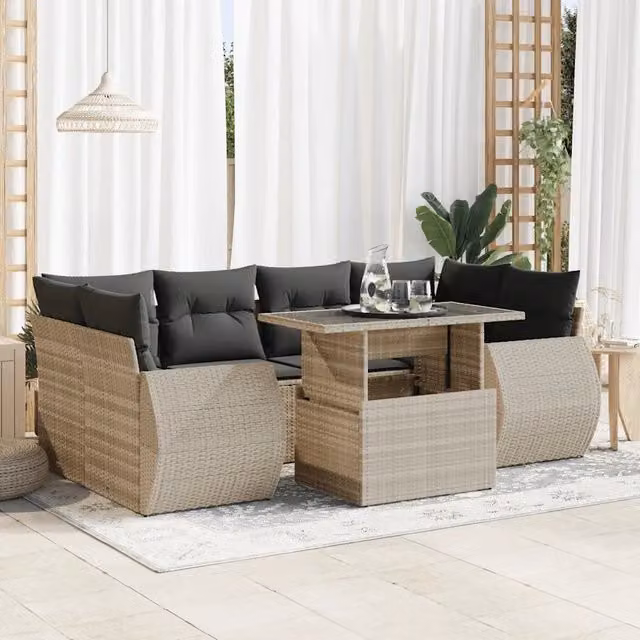 Set Divani da Giardino 7pz con Cuscini Grigio Chiaro Polyrattan 3326593