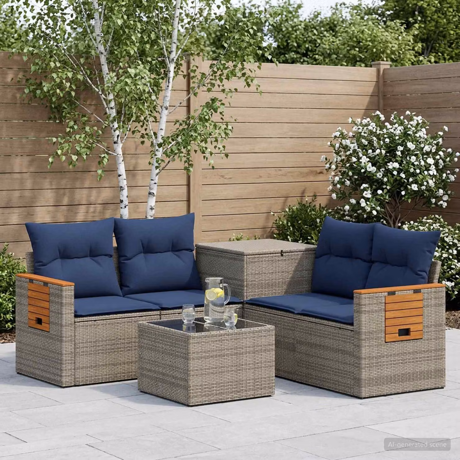 Set di divani da giardino vidaXL a forma di L composto da 6 pezzi in rattan sintetico e acciaio con colori grigio e blu navy e cuscini inclusi