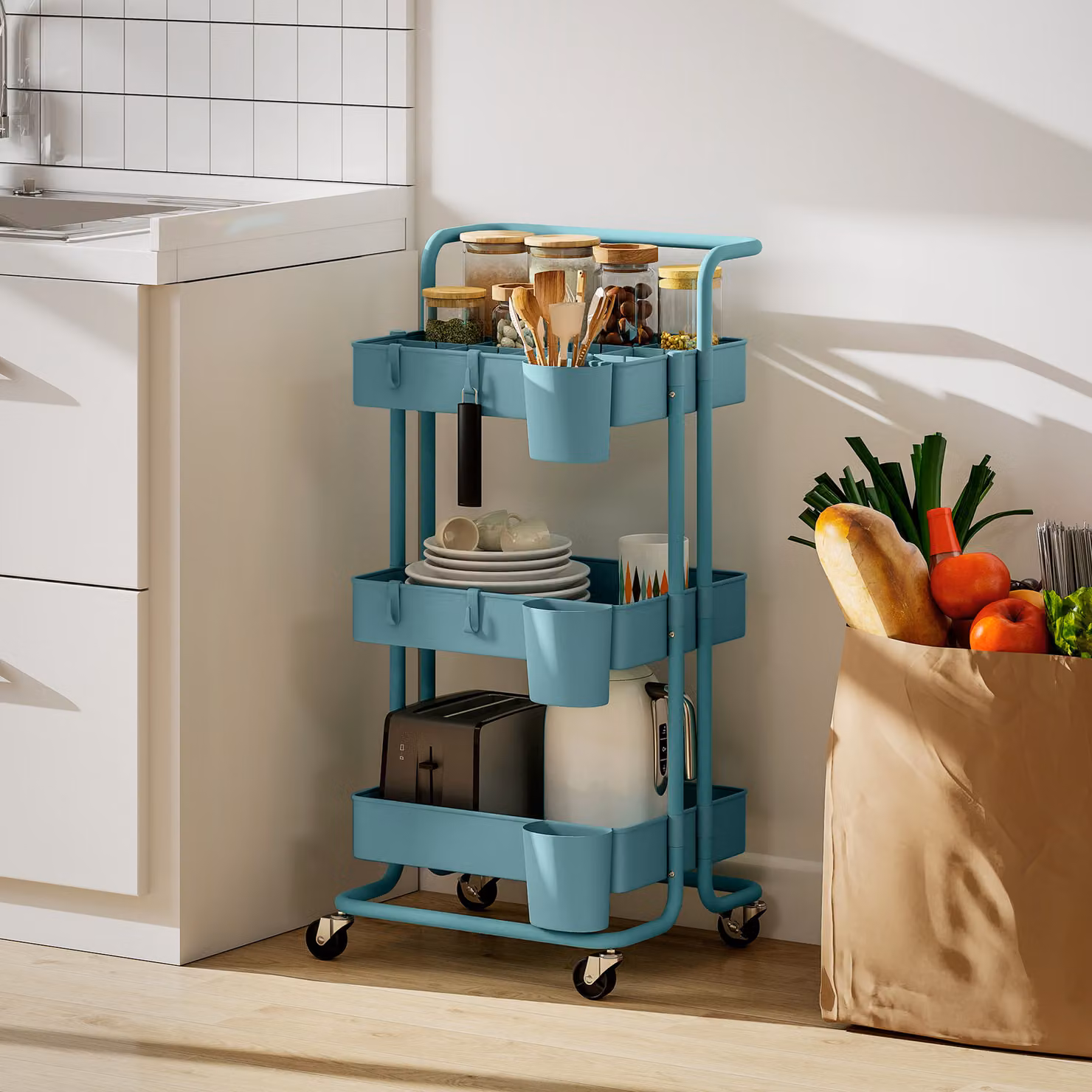 Carrello da cucina HOMCOM a 3 livelli in metallo con maniglie e 4 rotelle, Verde Azzurro, L 42 cm x P 38 cm x H 86.5 cm – 2