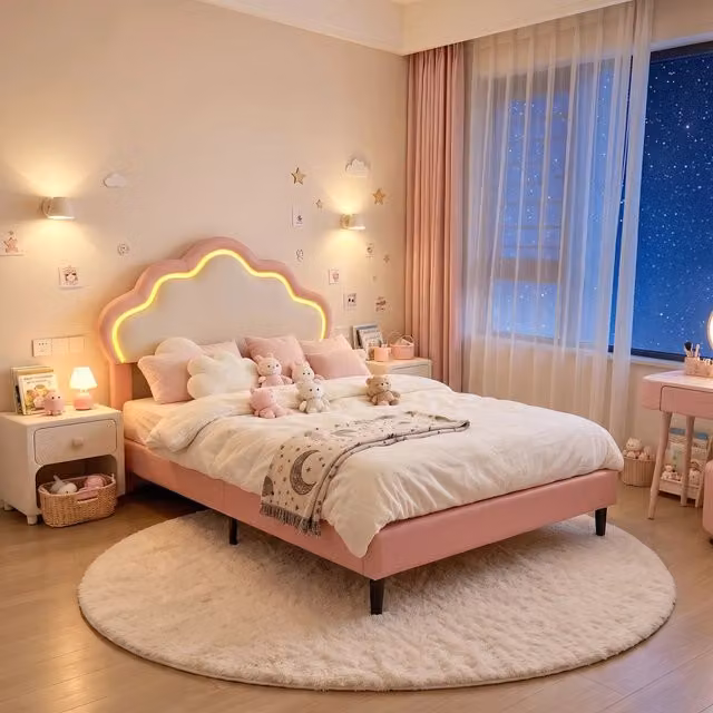 Letto Singolo Bambina 90x200 cm;Letto rosa per bambini con LED;Testiera a forma di nuvola;Pu Struttura Letto Imbottito