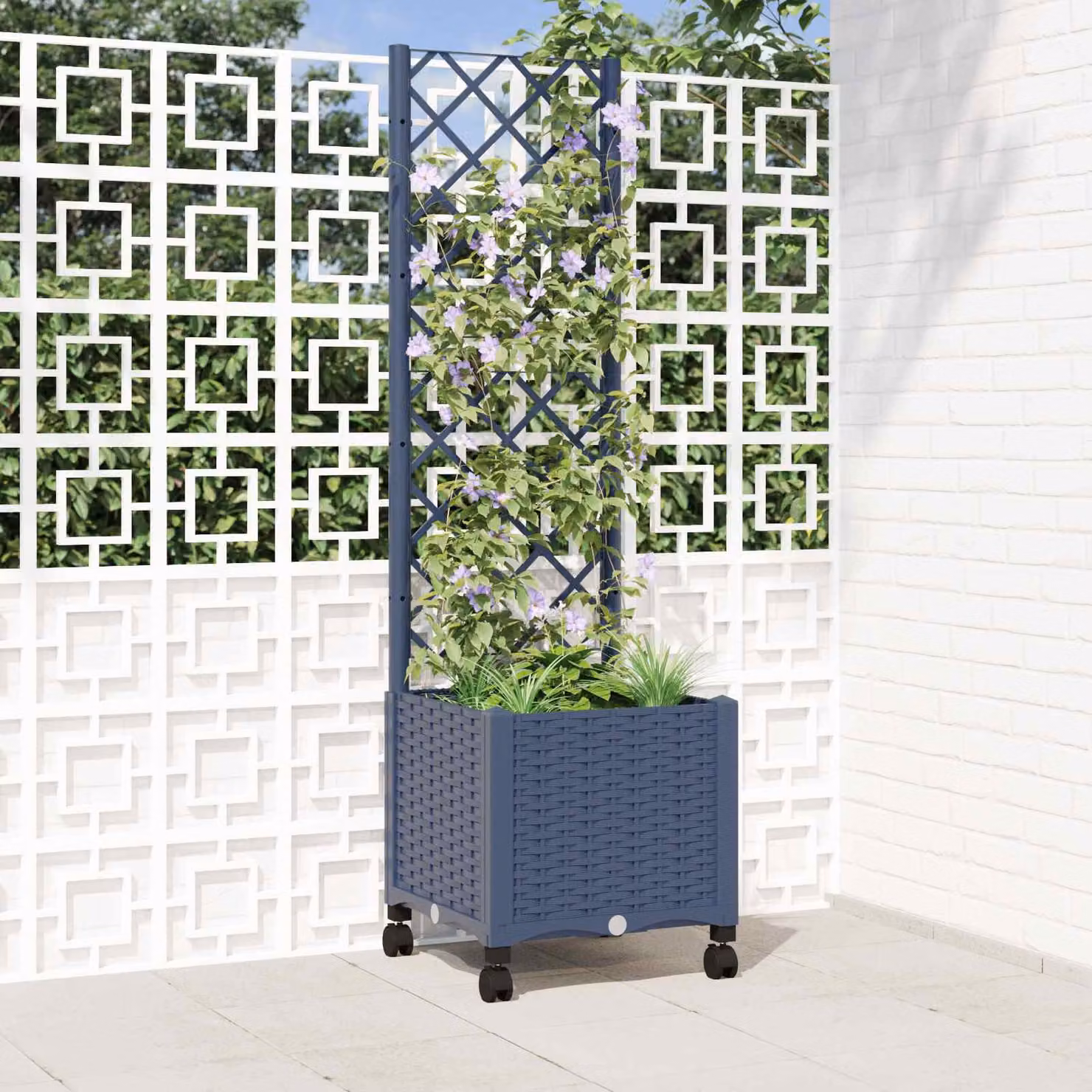 vidaXL Vaso da giardino con grigliato e ruote in plastica Blu Grigio L: 40 cm, P: 40 cm, H: 146 cm
