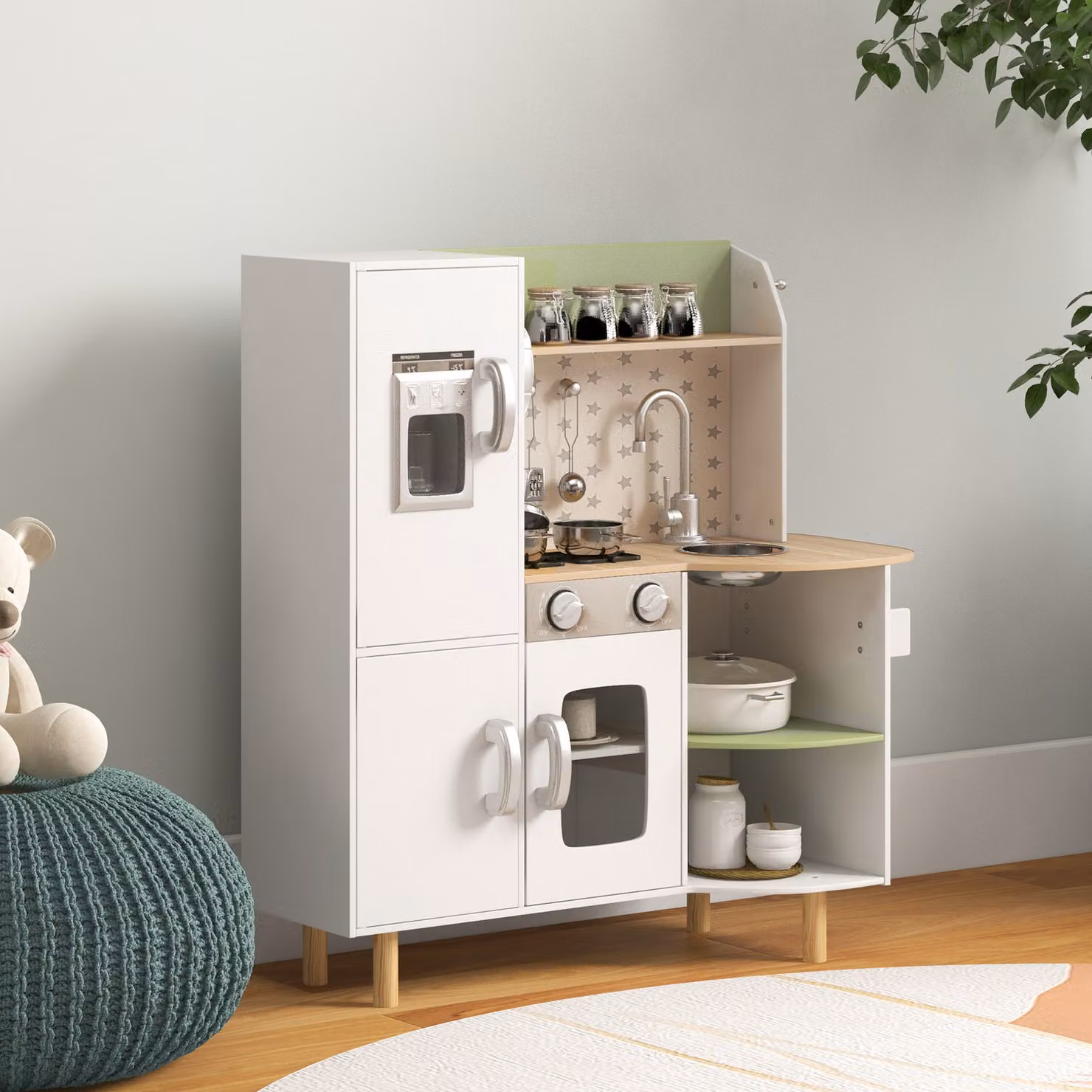 Cucina Giocattolo per Bambini AIYAPLAY con Macchina del Ghiaccio e Utensili, Bianco e Verde, L 84 x P 34 x H 89 cm – 2