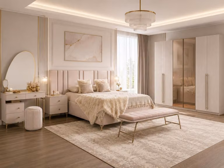 Set per camera da letto: letto, armadio, panca da letto, angolo trucco. Design moderno, colore beige