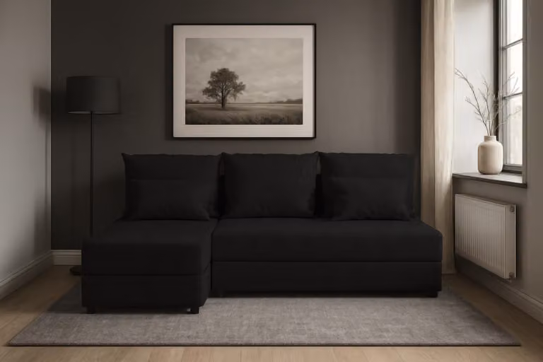 AX LIVING Divano angolare nero piccolo con funzione letto Dolceo L 206 cm